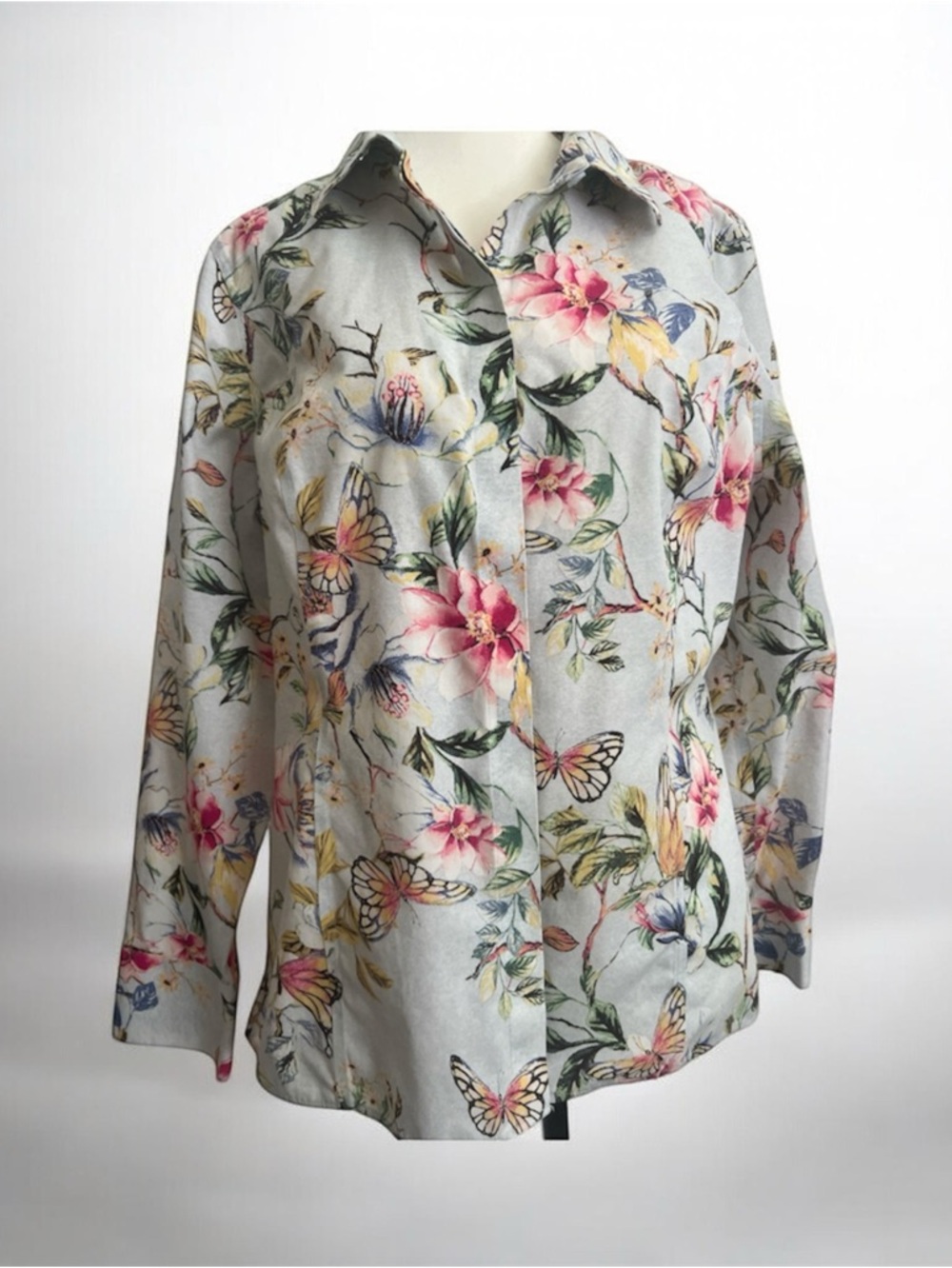 Chico's Light blue Blouse, Pink Floral & Butterfly Print, US Size 8/10 or M.